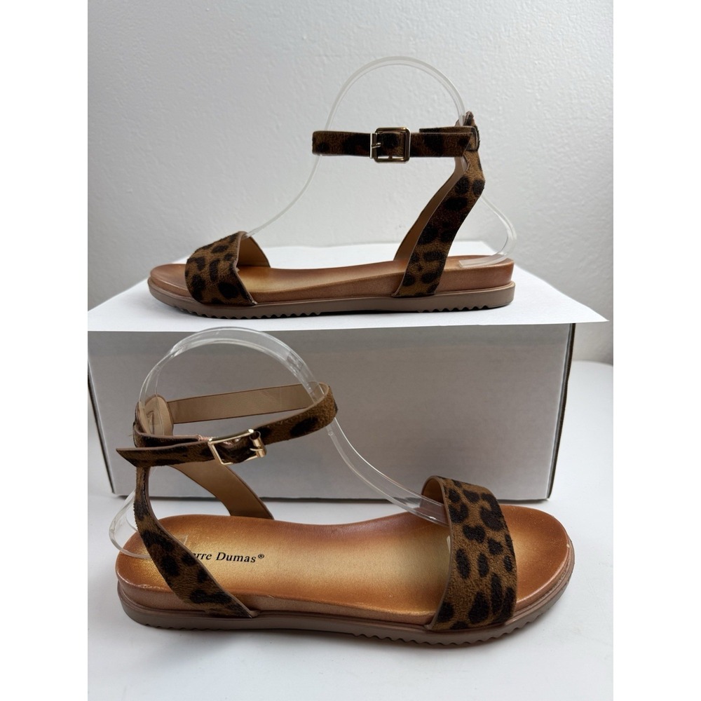 Pierre Dumas Leopard Print Faux Leather Ankle Strap Sandals Womens 8 Boho Flats